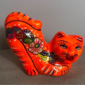 Talavera Mexico Orange Kitty Cat Stretching Folk Art Clay Pottery Hand painted